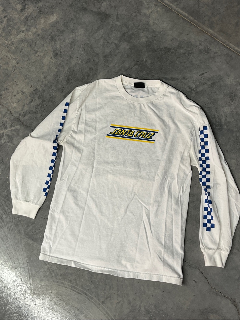 Santa Cruz Skateboards White Long-Sleeve Graphic Tee with Blue Checker Sleeves